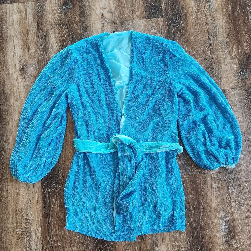 Retrofete Gabrielle Robe Dress in Blue Sequins Size XS NWOT Long Sleeve Belt - Picture 2 of 13
